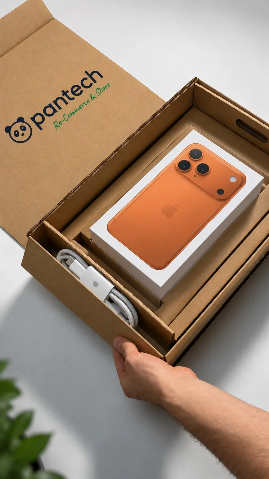 Pantech-Versandkarton mit einem sorgfältig verpackten iPhone